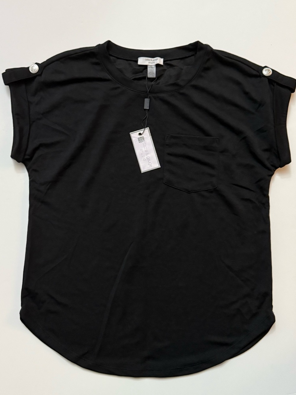New, Cable & Gauge Black Short Sleeve Pocket Tee with Button-Tab Sleeves